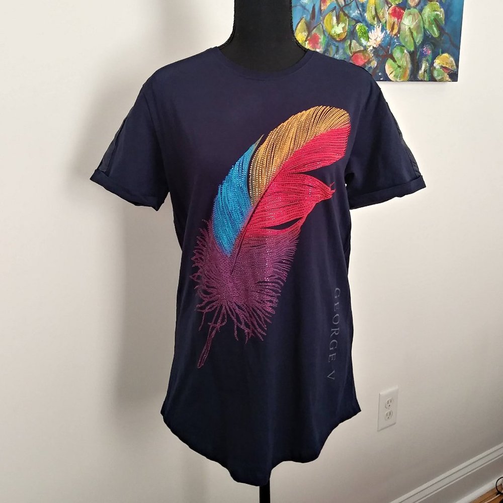 Avenue George V Paris Rhinestone Rainbow Feather Shirt Unisex PRIDE LGBTQ+